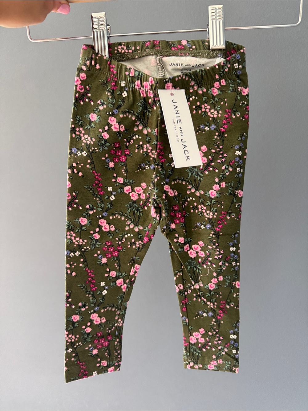 Janie and Jack Olive Green Floral Leggings with Pink Blossoms